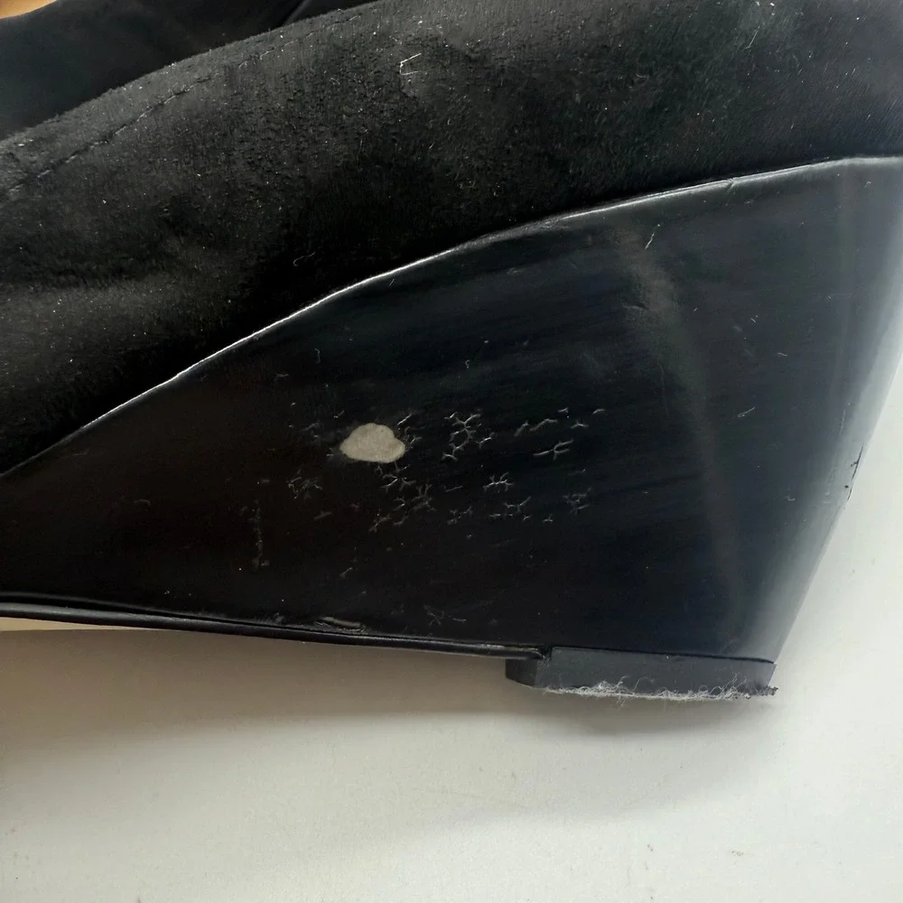 Kate Spade Black Suede Wedge Heels with Patent Bow and Gold Studs - Size‎ 10M